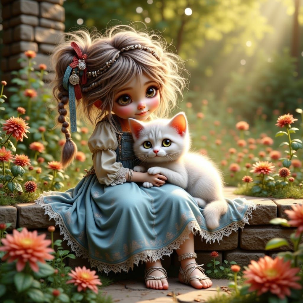 Toddler in Blue Dress with Cat in Autumn Garden