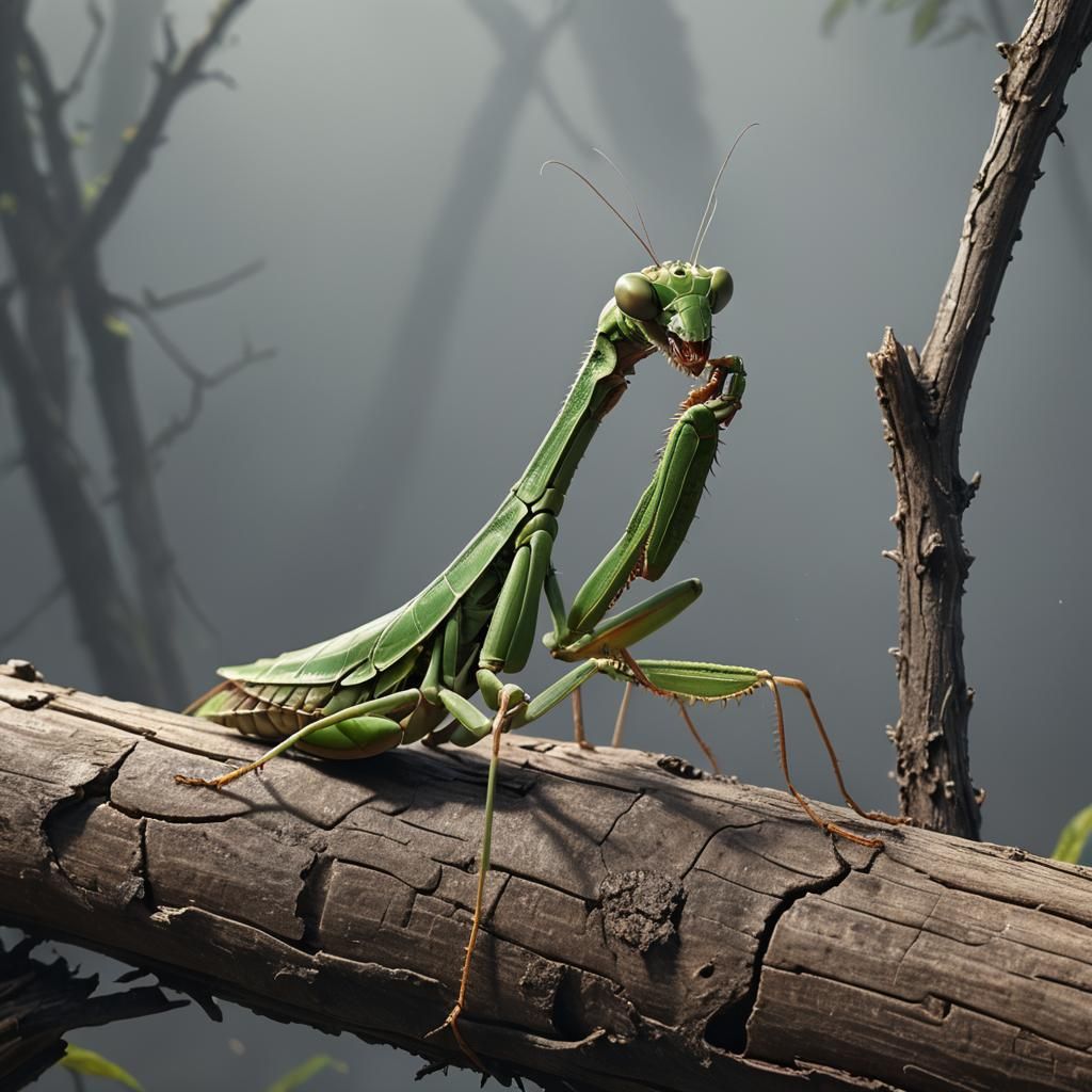 Praying Mantis Deep in Thought on a Log
