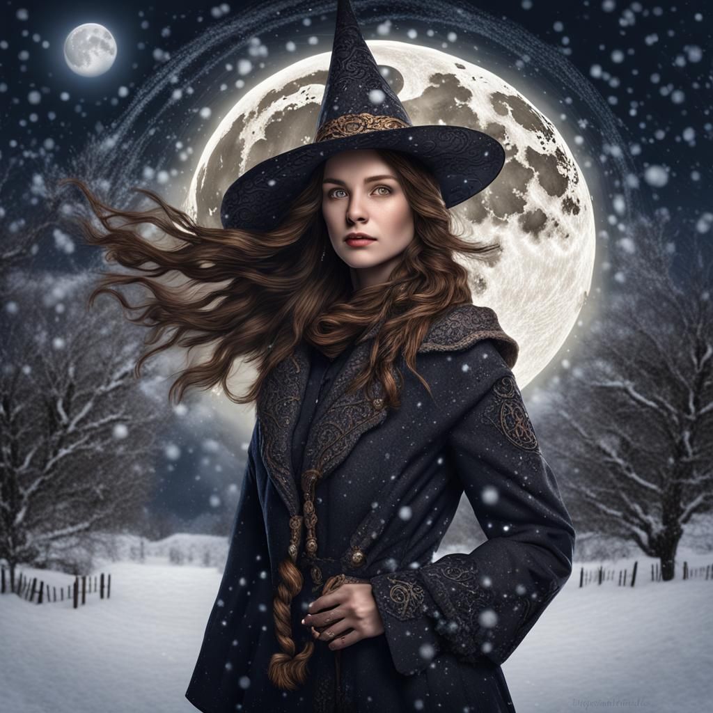 Hyperrealistic Witch in Winter Snow Circle