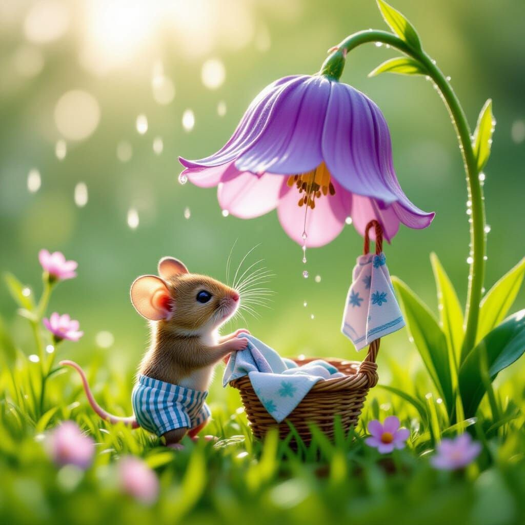 Fairytale Mouse Does Laundry Under Giant Purple Flower