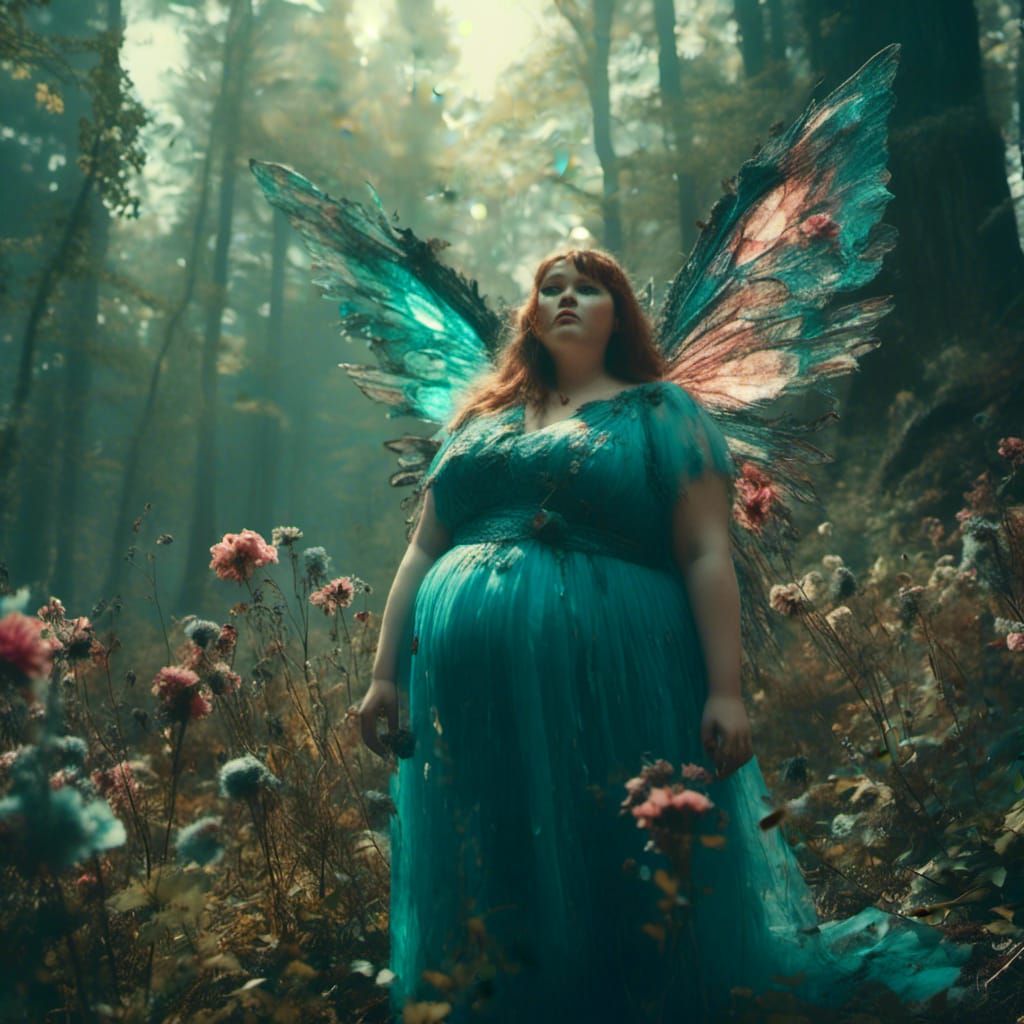 in spring, spring sun, a forest fairy with teal glowing wings next to realistic diagonal mystical colorful flowers in th...