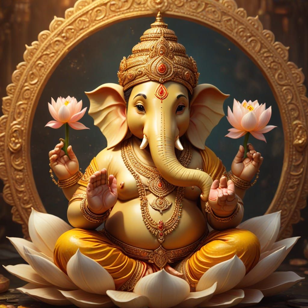 Divine Ganesha on Lotus in Oil Painting Style