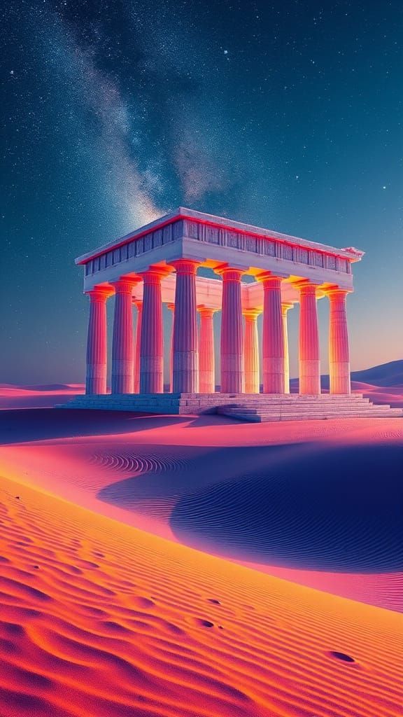 Crystalline Greek Temple in Cosmic Desert Oasis