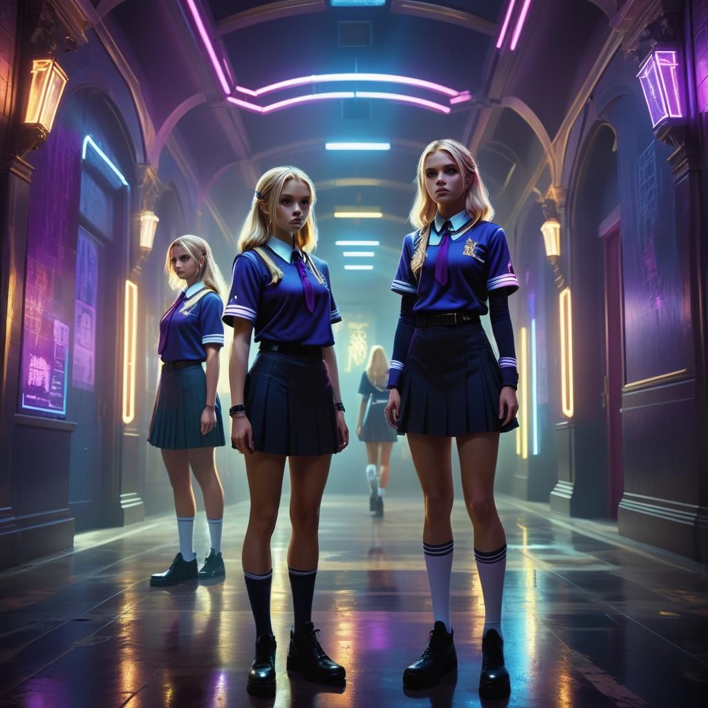 Mystical Hallway: Confident Girls in Fantasy Art Deco Style