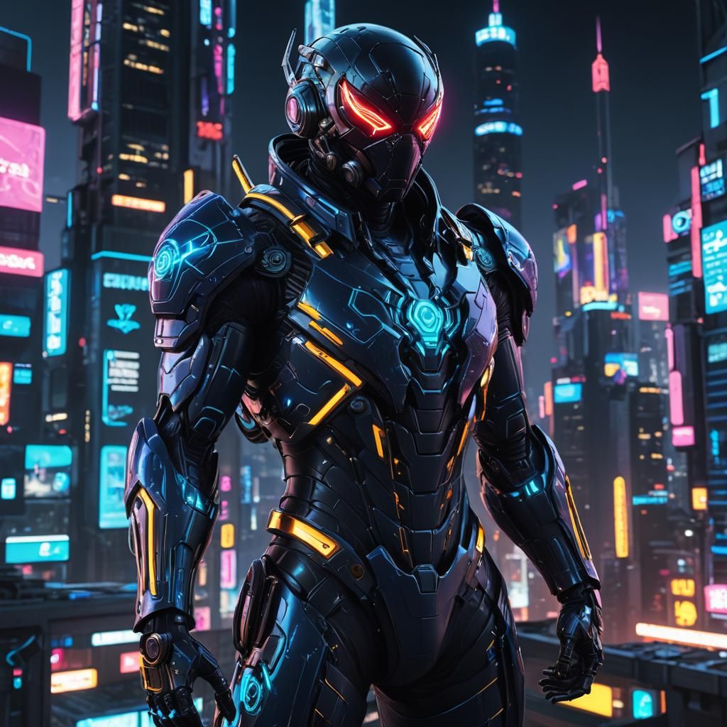 Cyberpunk Spider-Human in Neon Cityscape