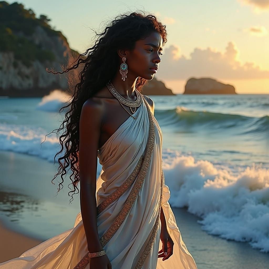 Ethereal Goddess Weeps on Windswept Beach at Dusk