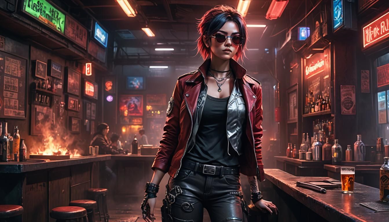 Anime Anti-Hero in Dystopian Bar: Grunge Surrealism