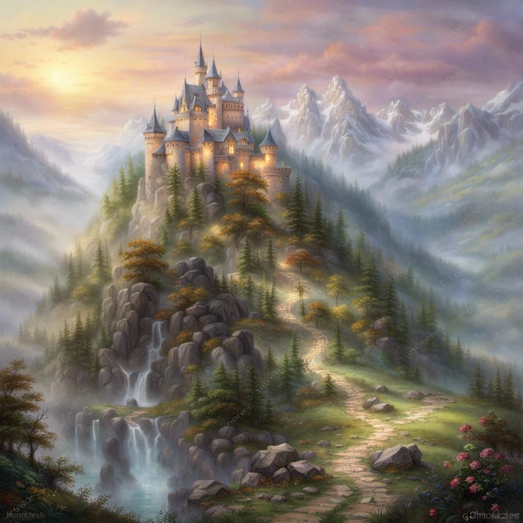 Ethereal Misty Mountain Castle Landscape in Fantasy Style