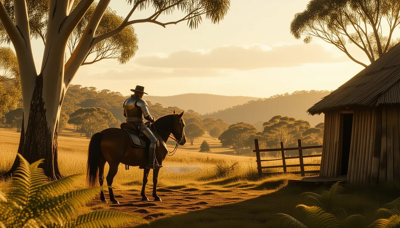 Ned Kelly Tending Horse in Golden Australian Landscape