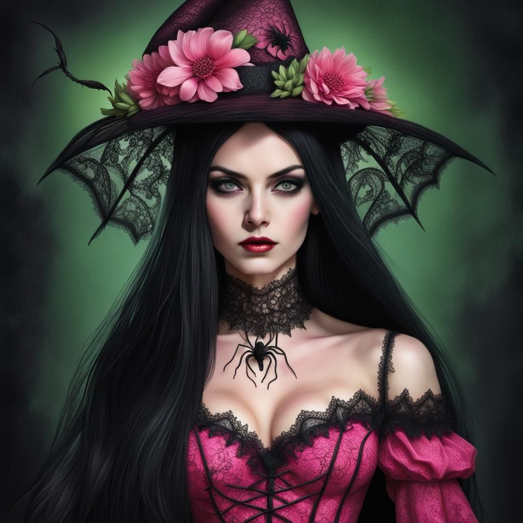 Gothic Mistress in Pink Dress, Hyperrealistic Portrait