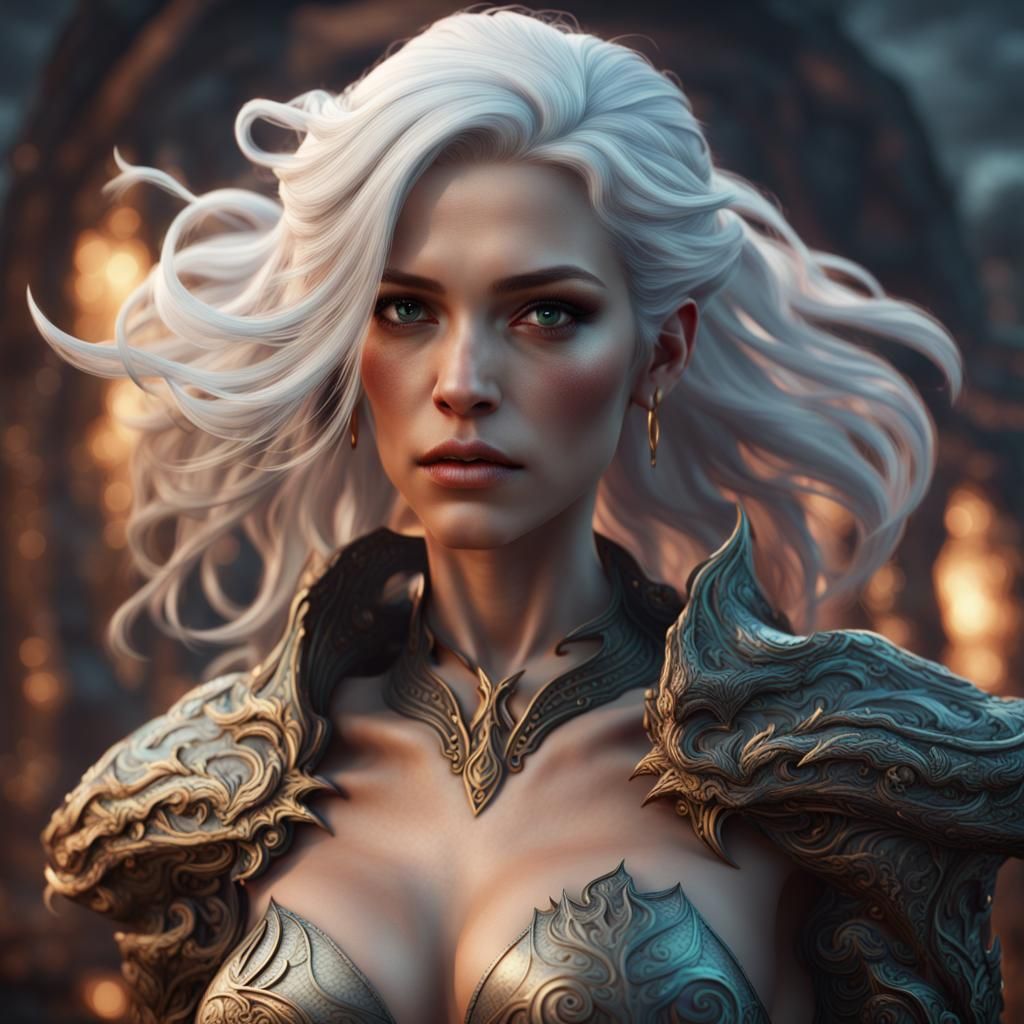 Fantastical Siren with White Hair in Detailed Matte Painting