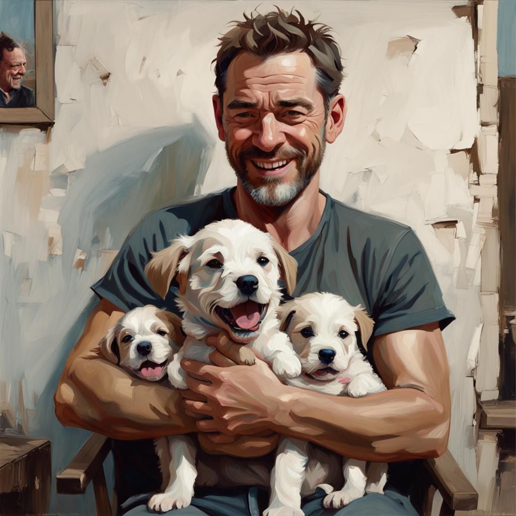 Man Holding Puppy: Hyperrealistic Oil Painting