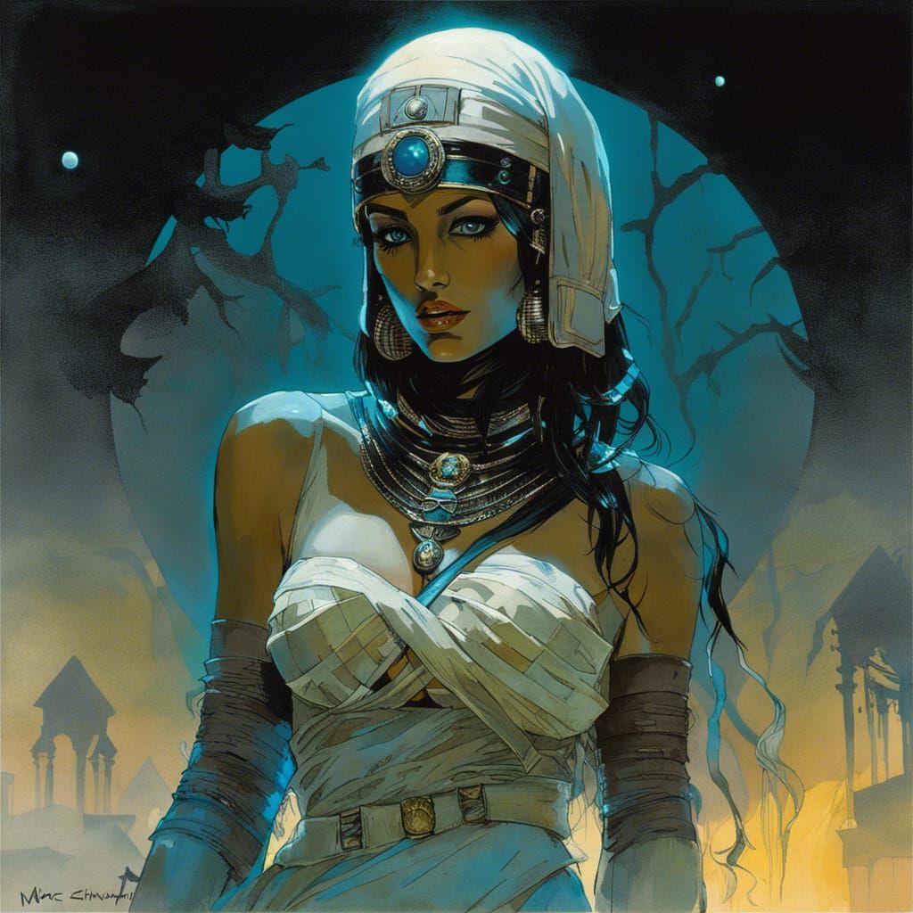 Glamorous Mummy Pin-Up in Bioluminescent Graveyard