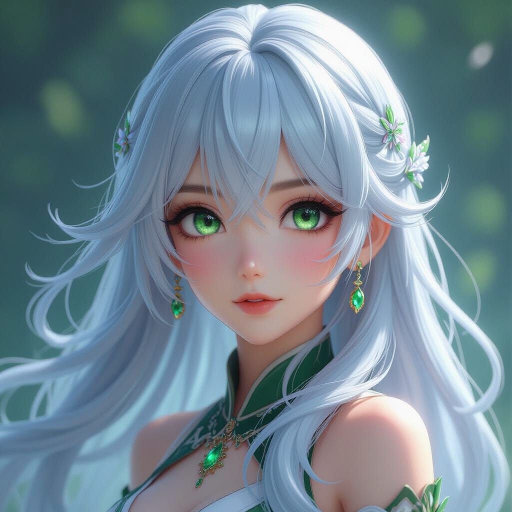 Anime Woman with Silver Hair and Emerald Eyes