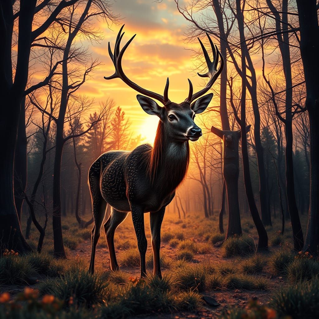 Surreal Whimsical Deer in Dreamlike Forest Landscape with Su...