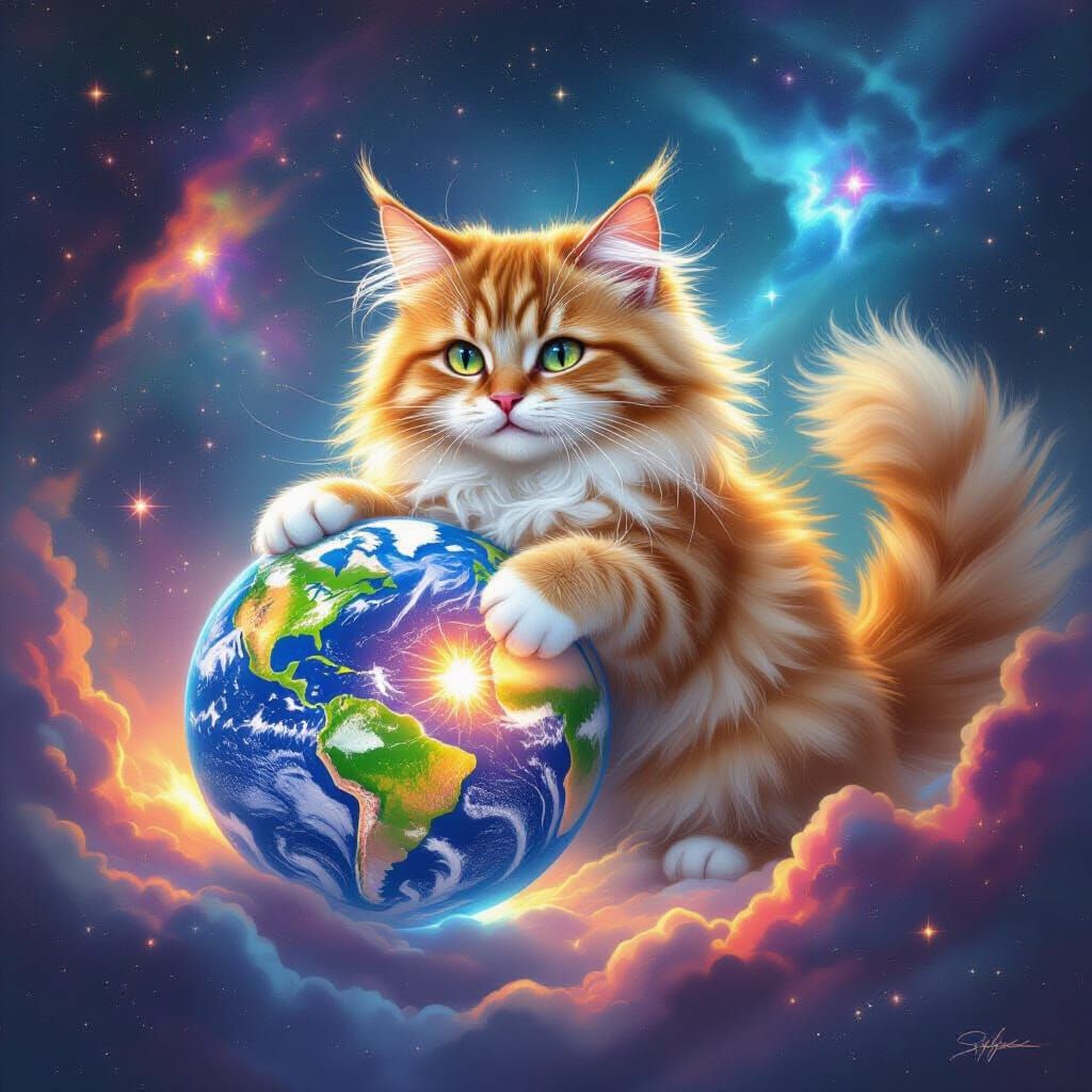 Cosmic Ginger Cat Plays with Earth in Surreal Illustration