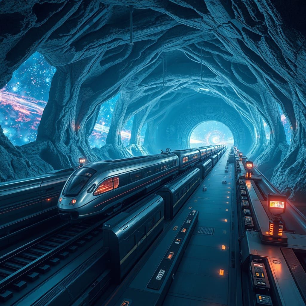 Futuristic Asteroid Train Station: A Cosmic Illustration