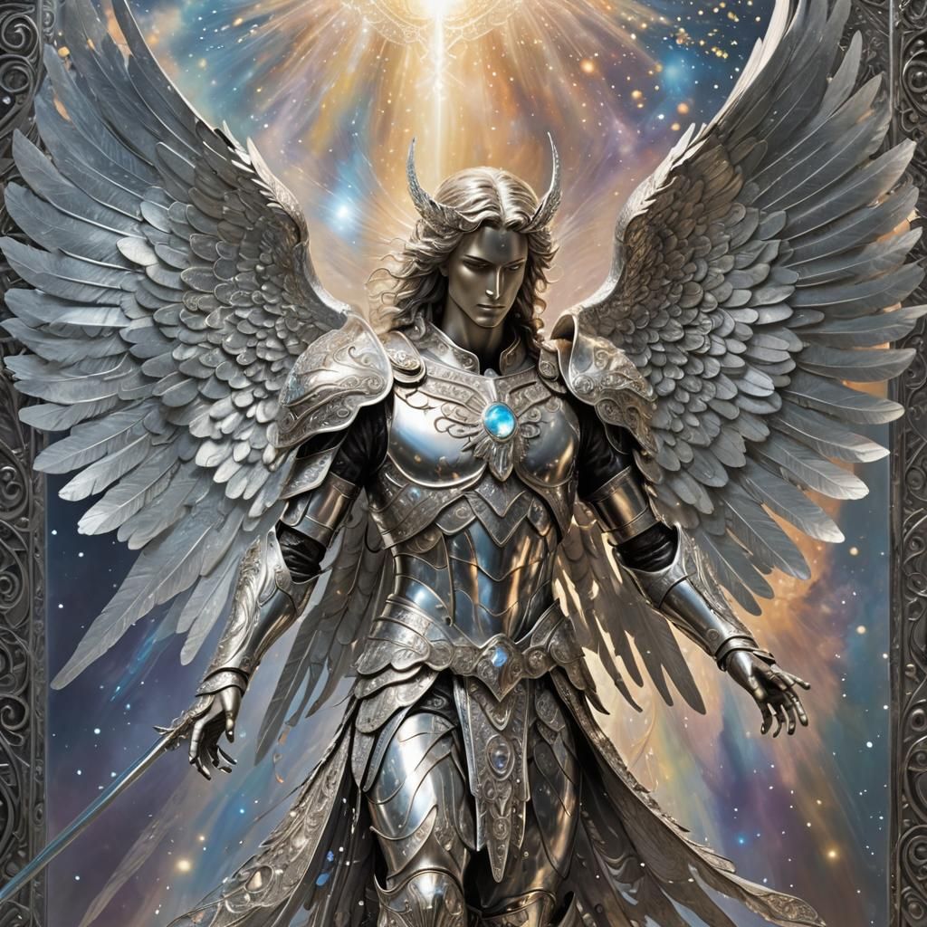 Silver Warrior Angel in Surreal Metallic Tones