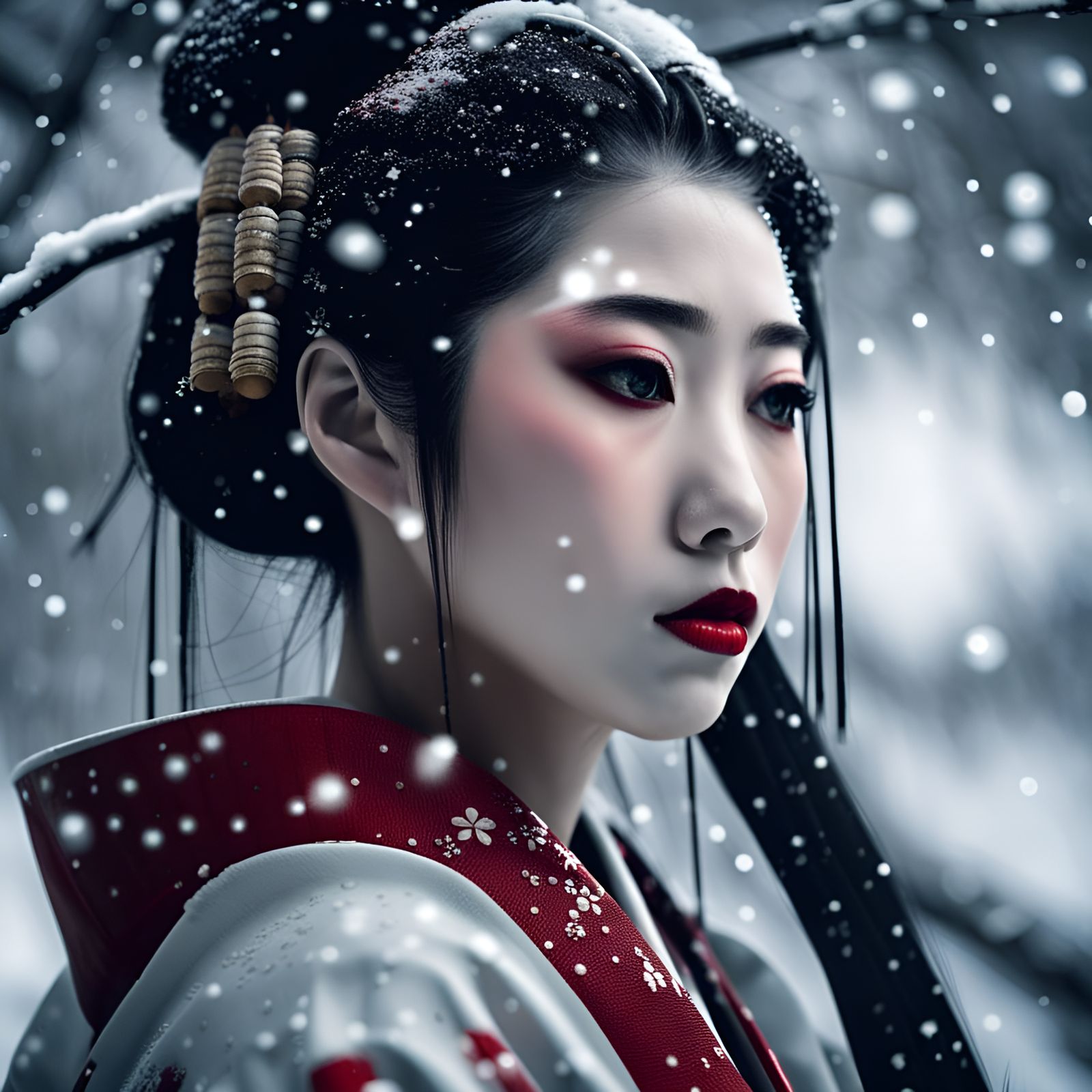 Geisha Lost in Snowy Woods, Cinematic HDR