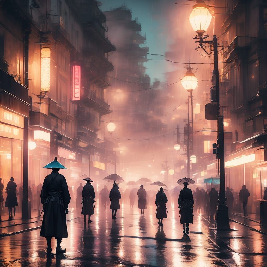 Noir Samurai Silhouetted in Vibrant Glitchcore Cityscape