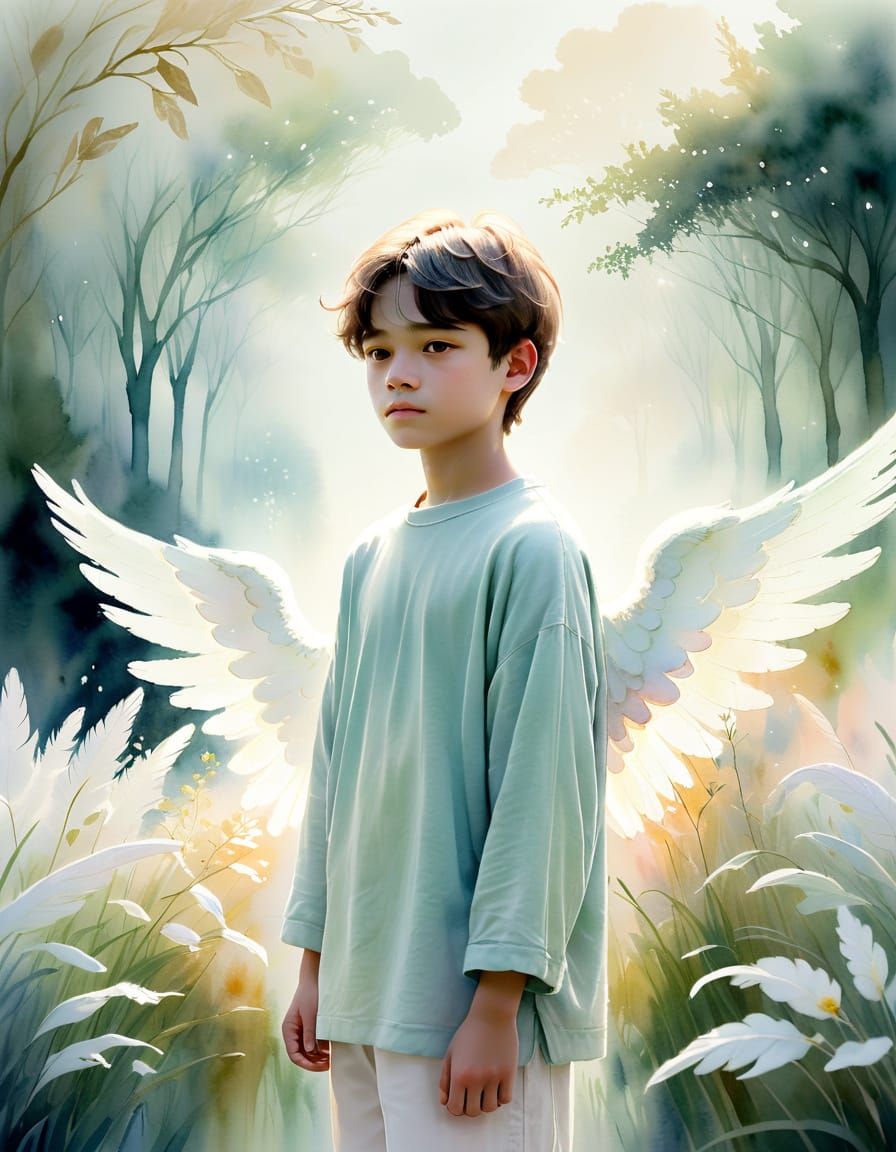 Serene Boy Surrounded by Whimsical Angelic Silhouette in Sof...