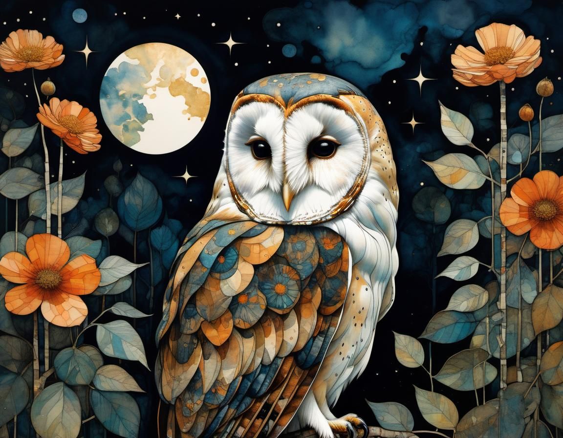 Magical Night Forest with Giant Flowers, Art Nouveau Style