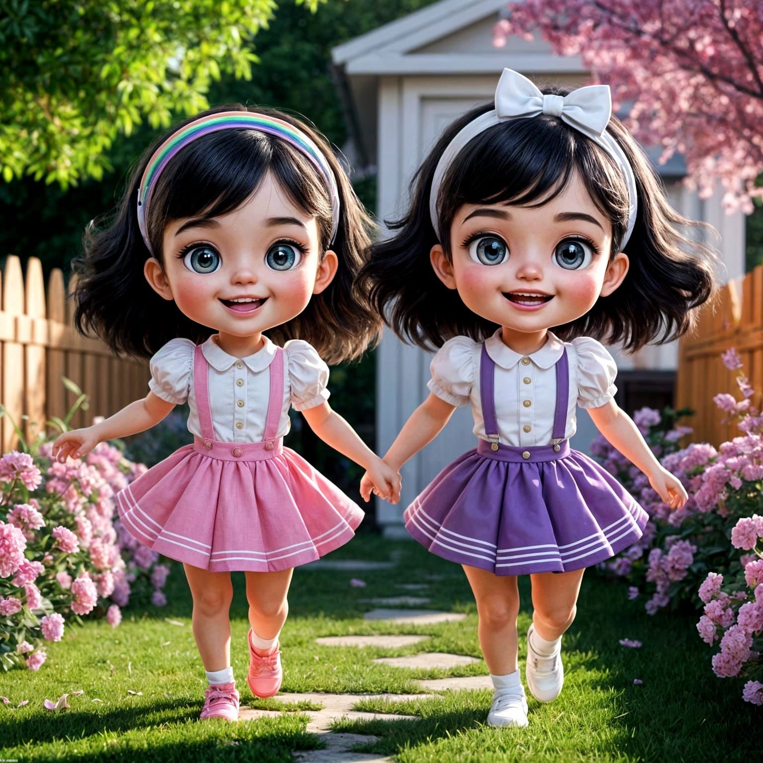 Twin Sisters Play in Vibrant Anime-Style Backyard