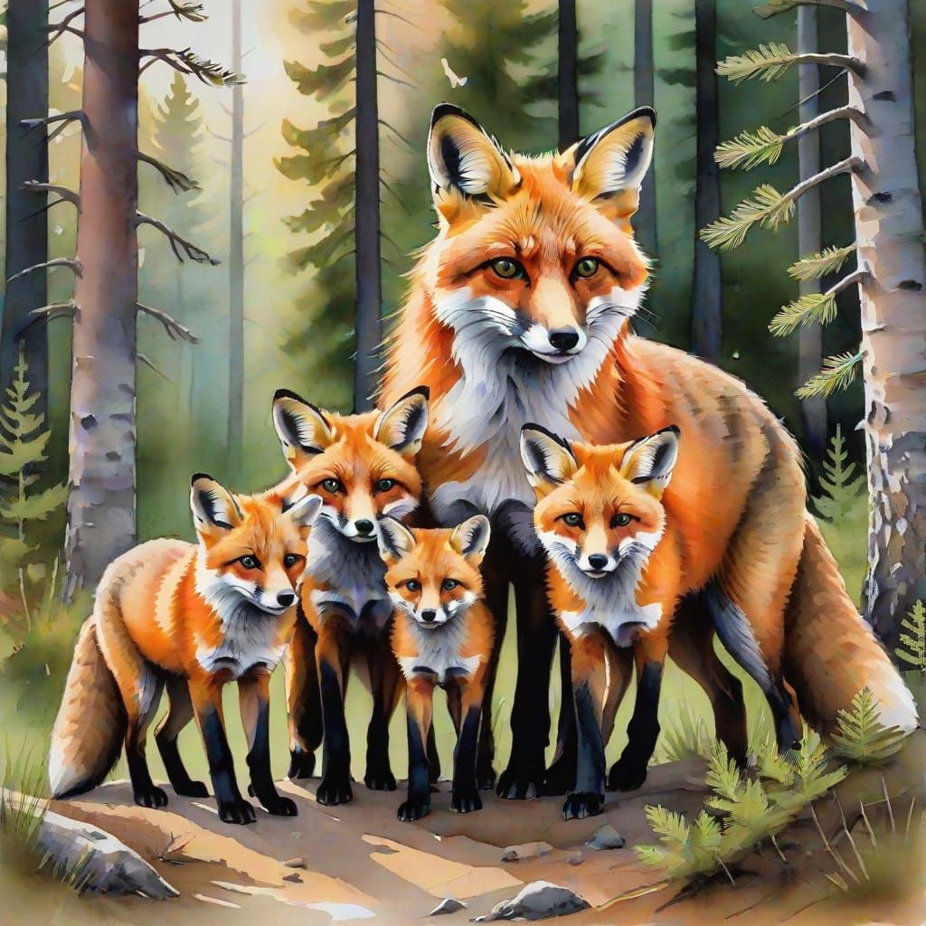 Alcohol ink painting. An American red fox teaching her pups to hunt in the early morning in a coniferous forest in Michi...