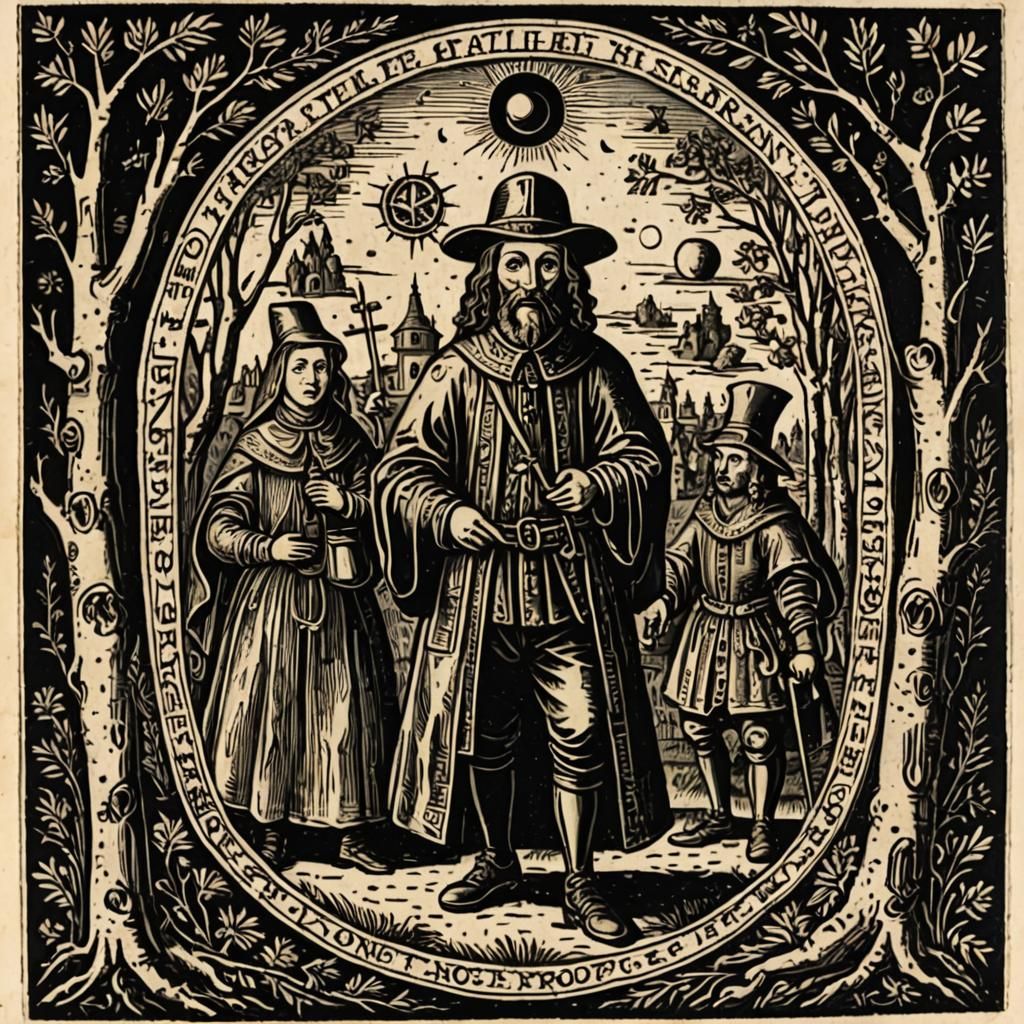 Occult Pagan Scene in 17th Century Woodcut Style