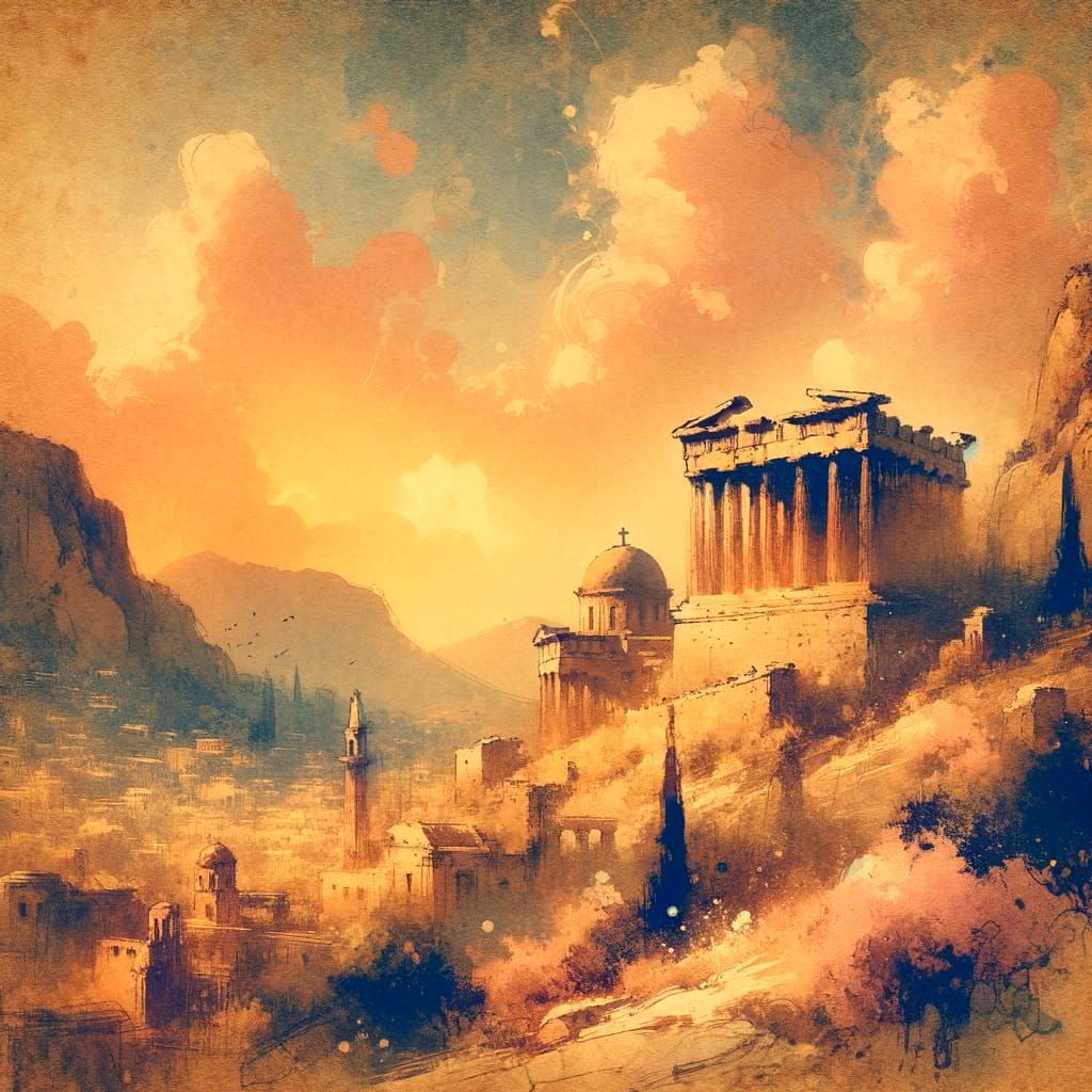 Idyllic Greek Vista in Watercolor Style