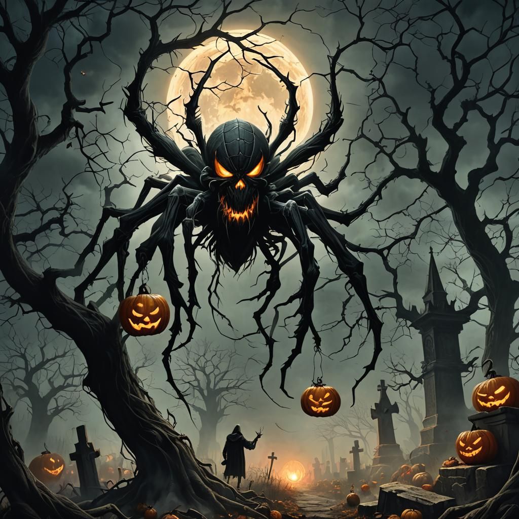 Eerie Graveyard Spider in Dark Surrealism Style