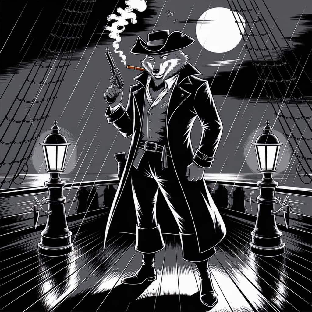Noir Pirate Wolf on a Ship Deck