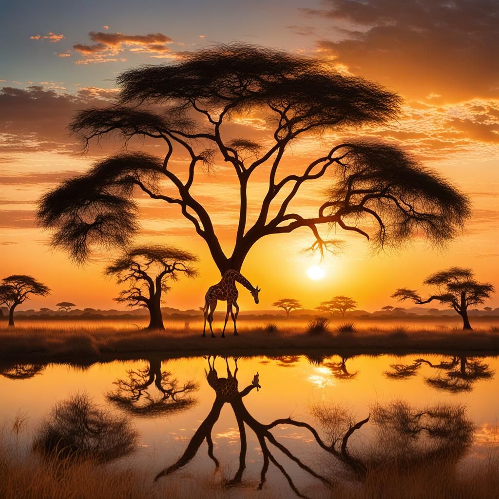 Serene Giraffe at Sunset: A Surreal African Scene