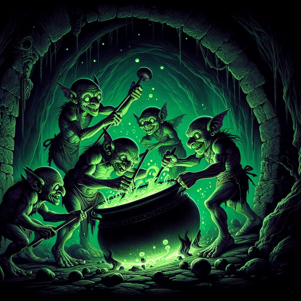 Hobgoblins Mixing Up Some Glow-in-the-dark Hooch to please their Hopping Momma
