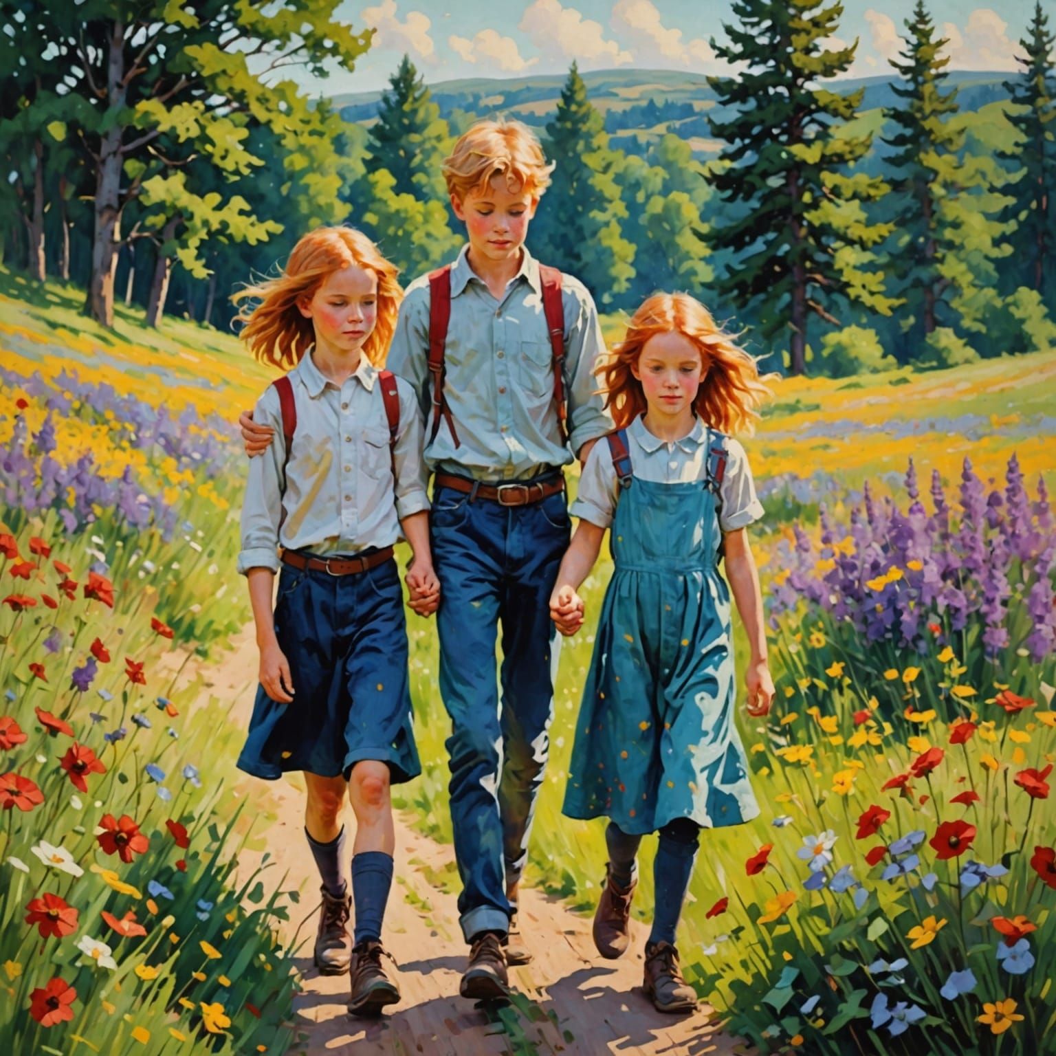 Impressionist Scene of Children Among Wildflowers