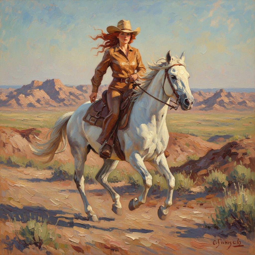 Impressionist Oil Painting of Red-Haired Cowgirl Galloping T...