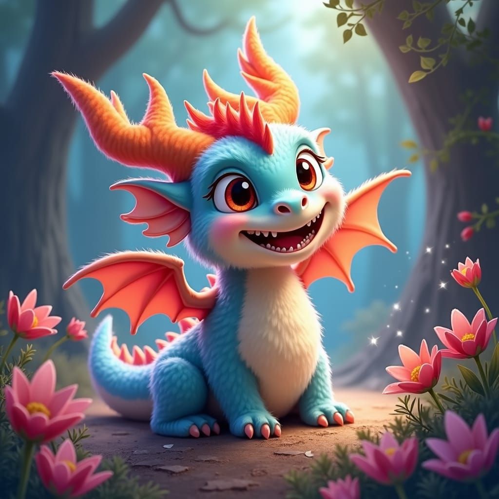 Smiling Luck Dragon in Dreamlike Fantastical Setting