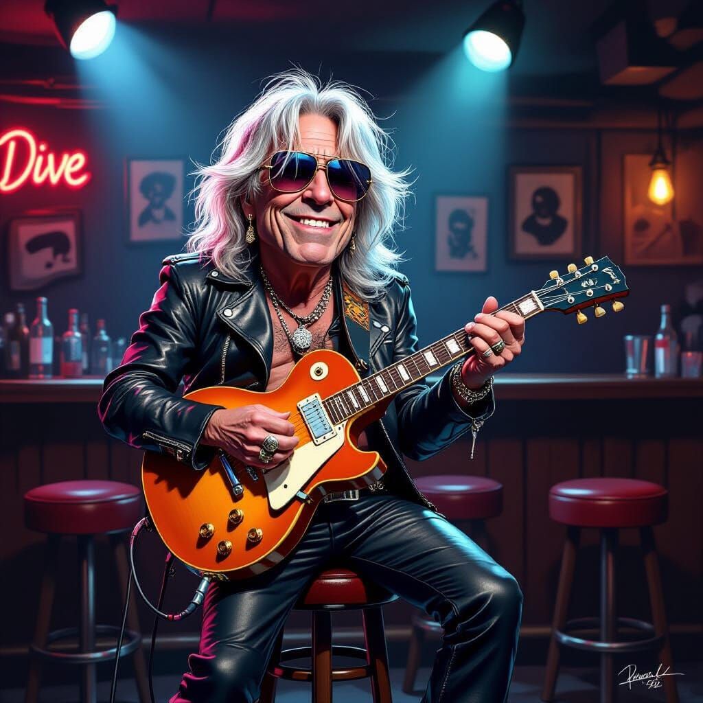 Caricature of Keith Richards Performing in a Dive Bar