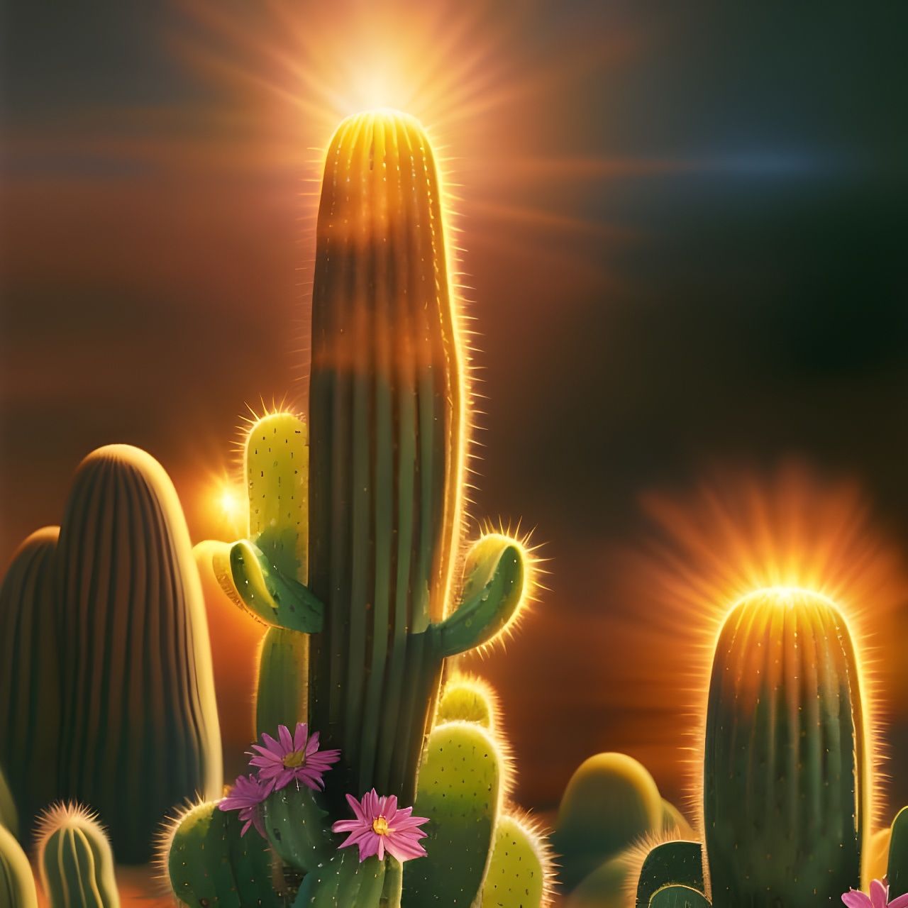Glowing Desert Cacti at Sunset: Intricate Photoillustration