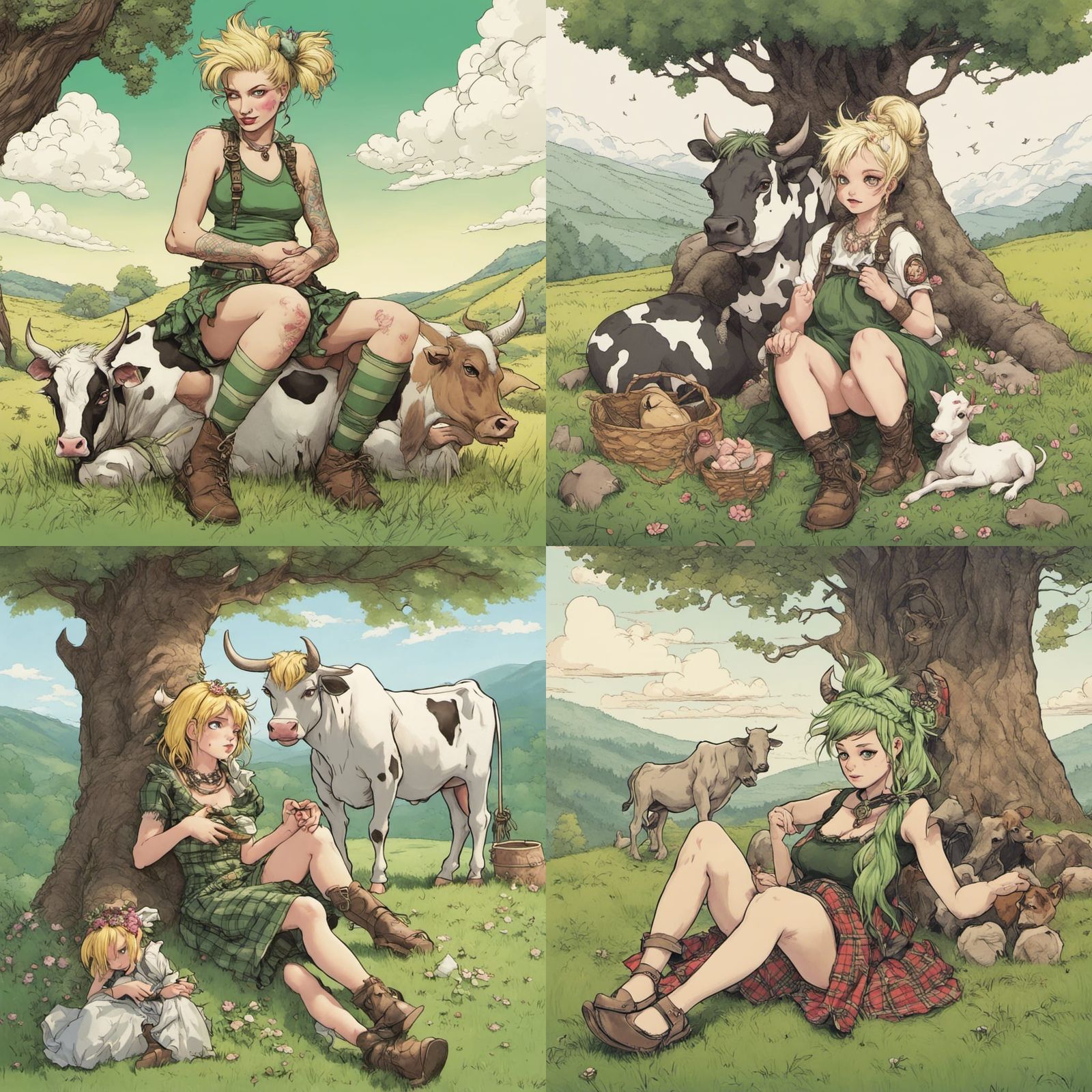 Punk Girl, Milkmaid, and Pixie in Meadow Landscape