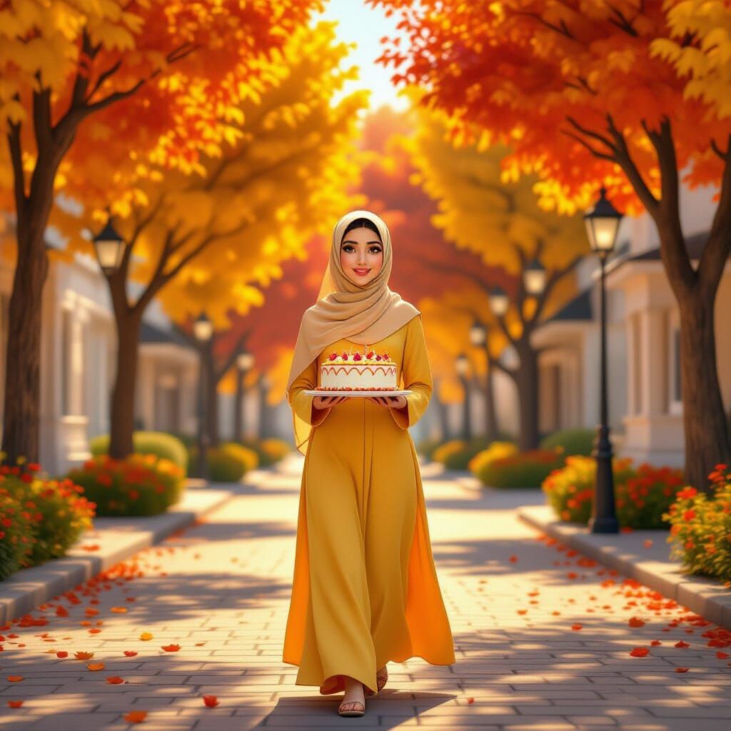Woman in Hijab with Birthday Cake on Autumn Street