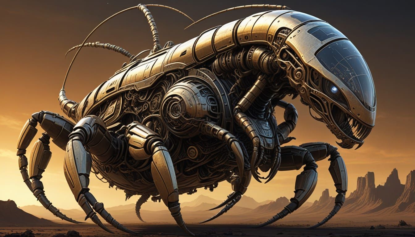 Biomechanical Scorpion Starship Orbiting Saturn in Steampunk...