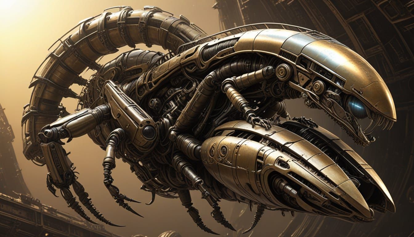 Biomechanical Starship Orbiting Saturn in Steampunk Sci-Fi A...
