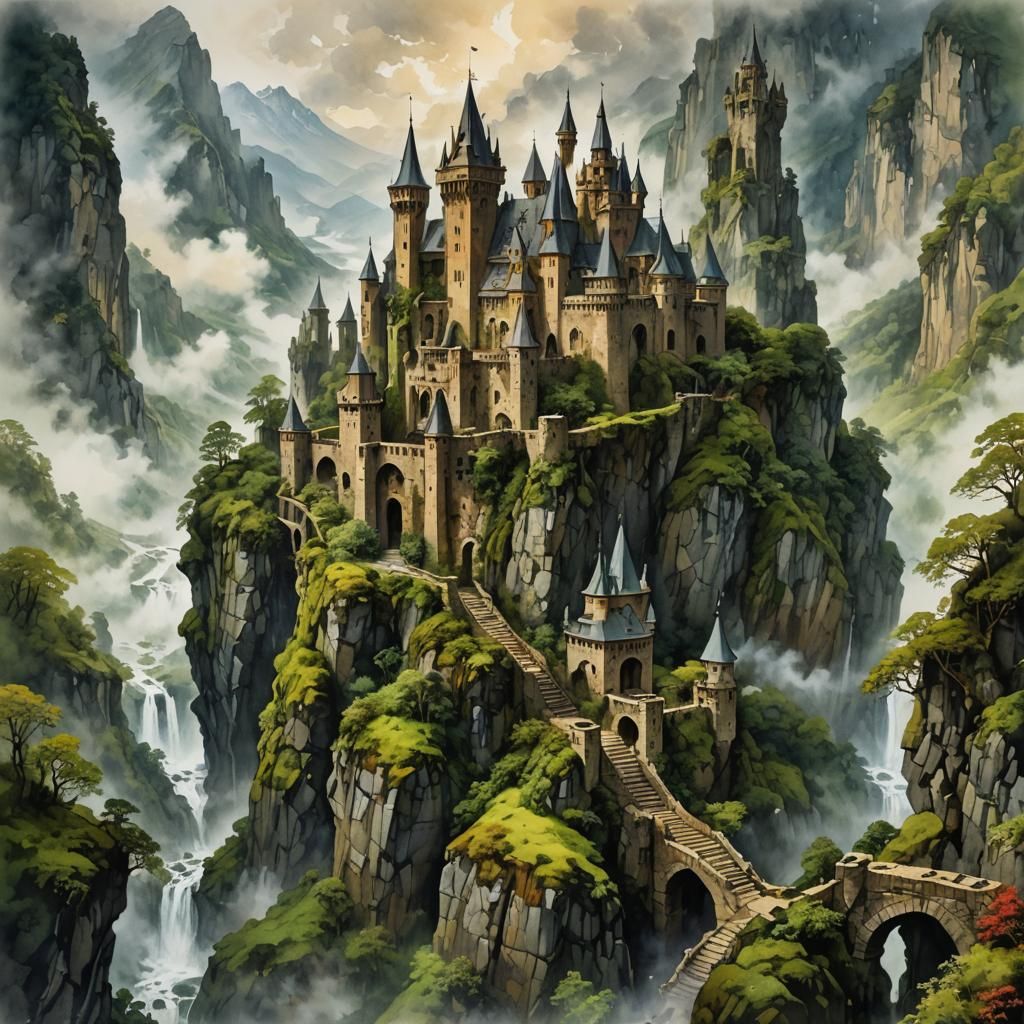 Ancient Castle Ruin on Misty Mountain, Watercolor