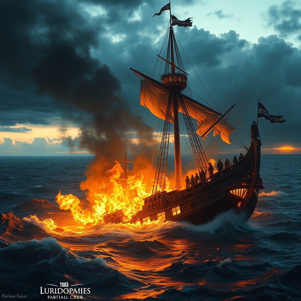 Ancient Galleon Engulfed in Flames, People Frozen in Awe