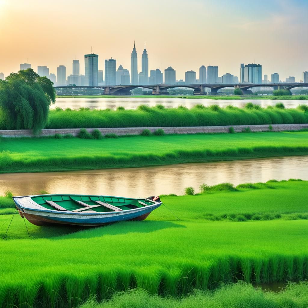 Picturesque River Scene with Cityscape in Distance
