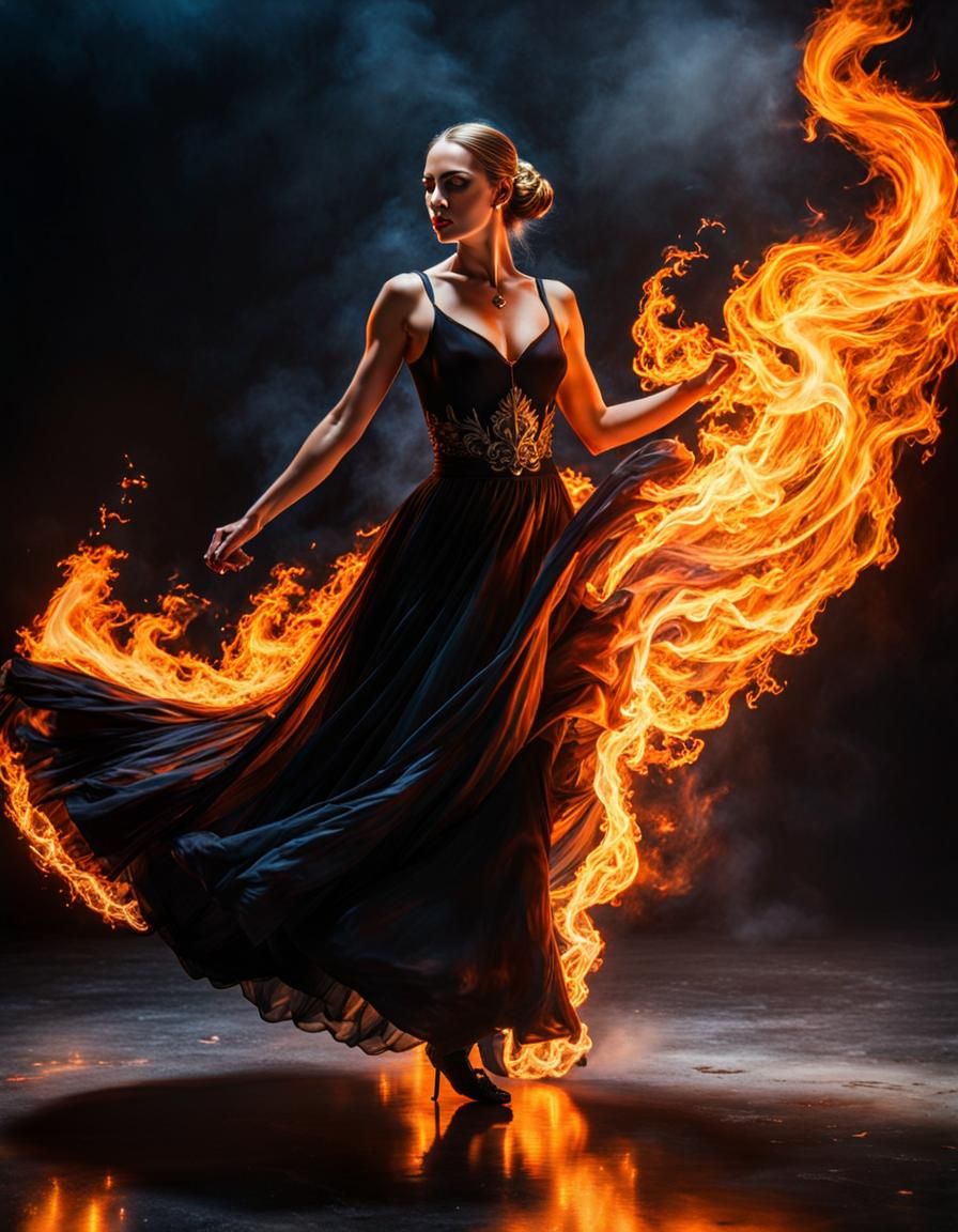 Woman in Fire Dress Dancing: Photorealistic Art Photography