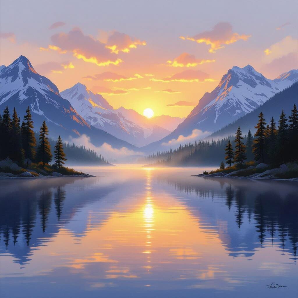 Serene Mountain Lake at Dawn: Landscape Art