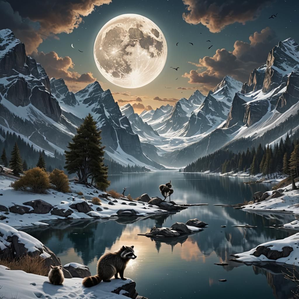 Raccoon in Mountain Landscape at Night