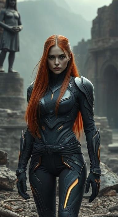 Futuristic Woman in Ancient Ruins: Cinematic Scene